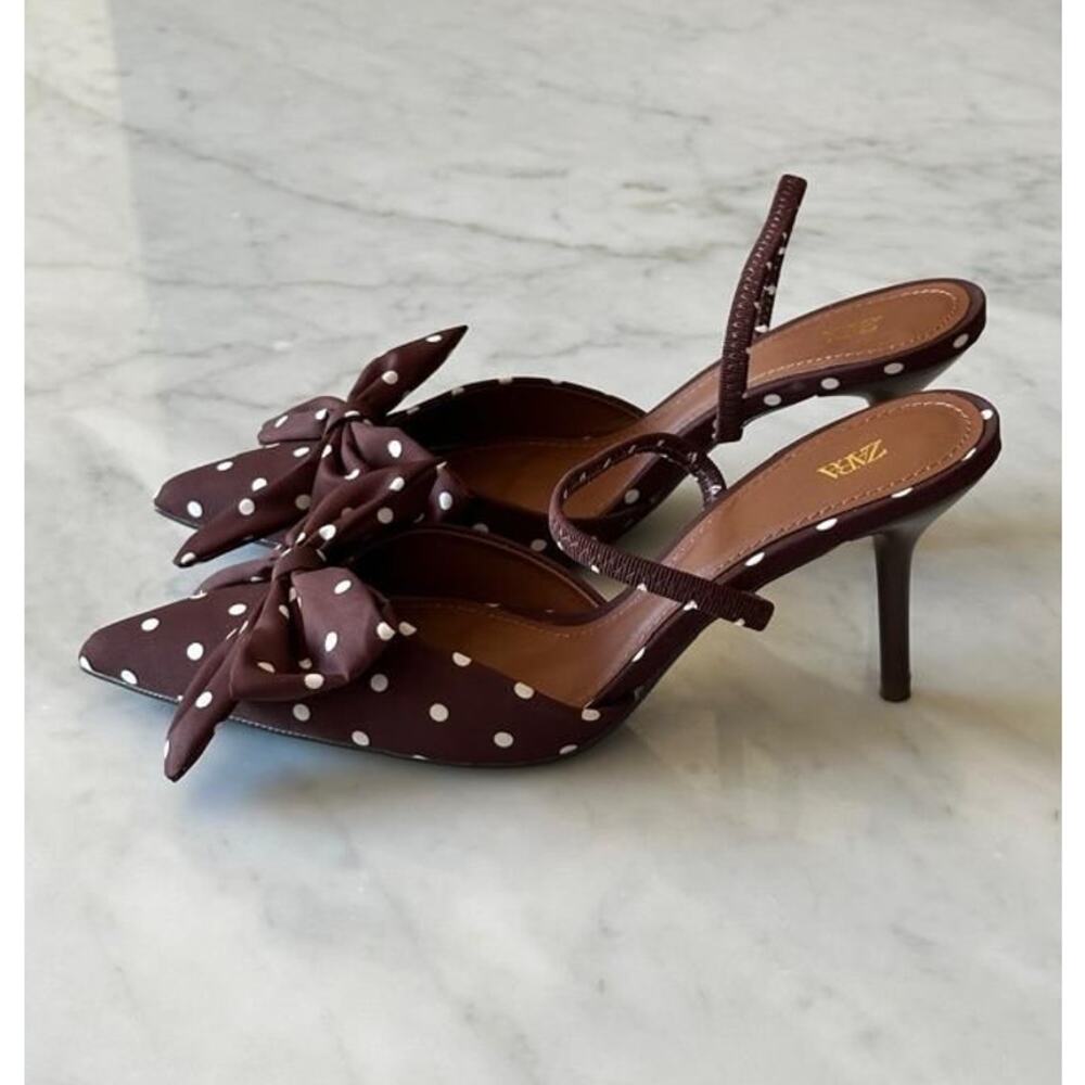 ZARA Polka Dot Bow Slingback Heels NWT Brown Pointed Toe Kitten Heel 6.5 - Picture 9 of 15